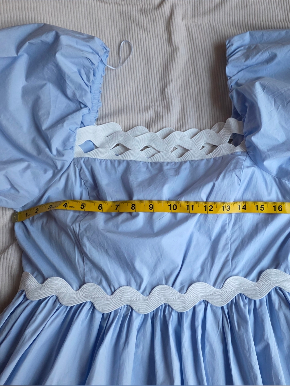 English Factory Scallop-Trim Cotton Midi Dress Sz L Blue Ecru Trim Nwt - Picture 5 of 16